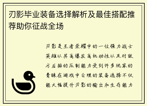 刃影毕业装备选择解析及最佳搭配推荐助你征战全场